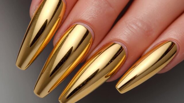 Moving hand angling diagonally in studio, showcasing four gold chrome coffin nails with shiny bands