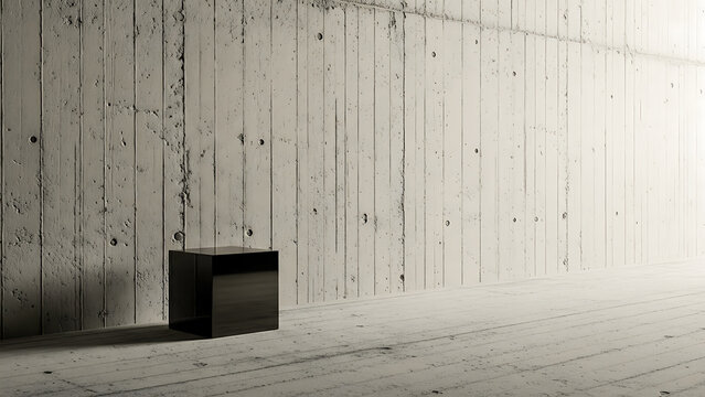 Black cube in minimalist concrete room with sunlight