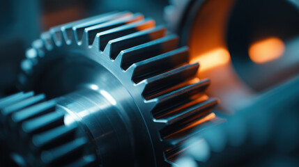 Metal gear with sharp teeth and brushed texture under blue orange lighting symbolizing industrial engineering technology automation precision future robotics motion power innovation system.