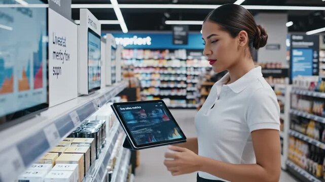Retail Analytics - Woman Analyzing Data on Tablet in Supermarket.