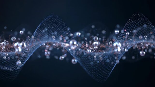 Oscillating blue sine mesh starting lateral peaks, showing beads drifting from brown band in studio