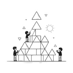 People building triangle tower line art vector illustration construction teamwork
