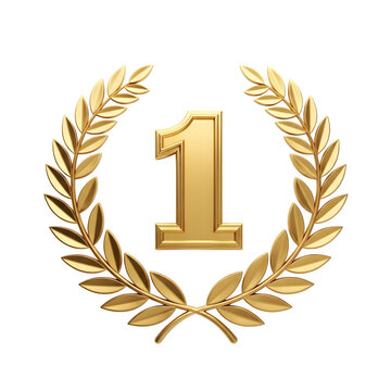 Golden laurel wreath with number 1 isolated on transparent background