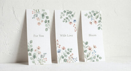 Watercolor botanical bookmark set mockup with eucalyptus, pink wildflowers, and blue berries. Elegant vertical stationery cards with "For You," "With Love," and "Bloom" on white plaster wall.
