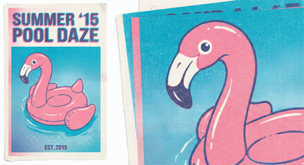 Retro Risograph poster of a pink flamingo pool float in turquoise water. Features "SUMMER '15 POOL DAZE" text with a vintage halftone texture and grainy aesthetic for summer-themed designs.