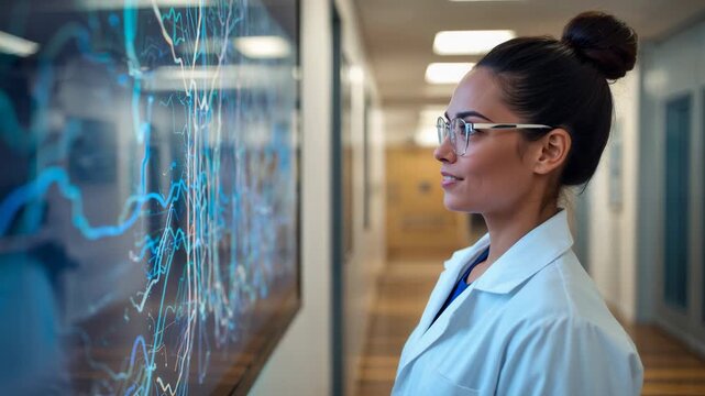 Tapping researcher analyzing graphs on wall display in lab hallway, lab coat, glasses, copy space