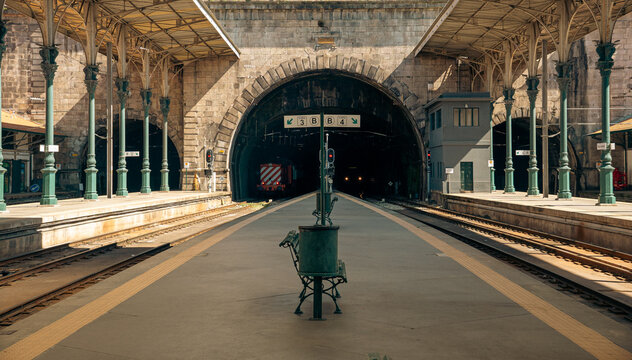 View of the train tracks entering the Sao Bento station tunnel.