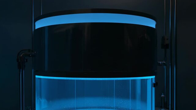 Descending shroud covering reactor chamber in lab, creating narrow glowing blue band with particles