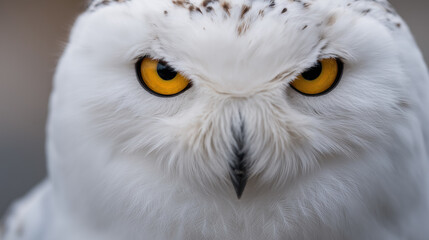 Obraz premium Macro close up portrait of a majestic white snowy owl face featuring intense yellow eyes and soft fluffy feathers. 
