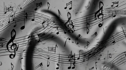 Black and white music notes scattered across rippled, textured fabric background