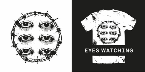 Disturbing design featuring multiple eyes and a barbed wire mask on clothing