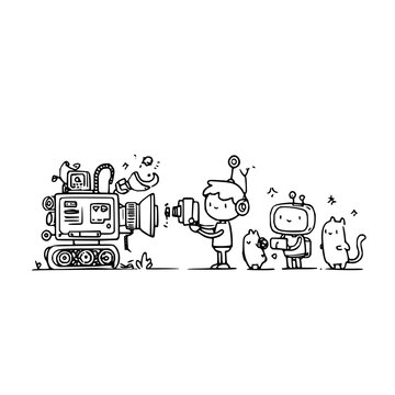 Robot cat video maker cartoon vector illustration drawing animation production