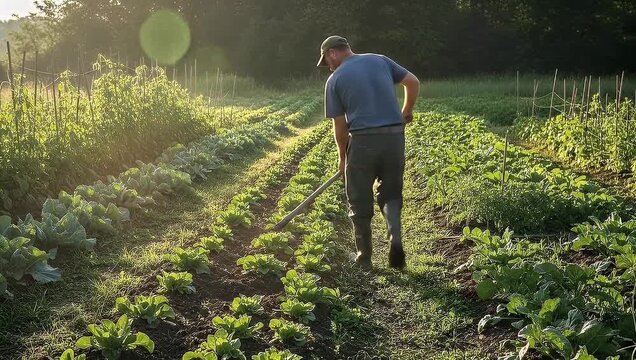 Farmer Weeding Vegetable Garden at Sunrise, Cultivating Organic Produce for Harvest