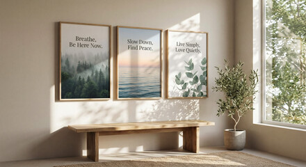 Triptych wall art mockup in a serene interior. Features forest, ocean, and eucalyptus prints with "Breathe," "Slow Down," and "Live Simply" quotes in a bright, sunlit minimalist room.