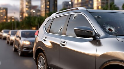 Close-up view of cracked car window with bullet holes, showing aftermath of an accident in urban area during evening light