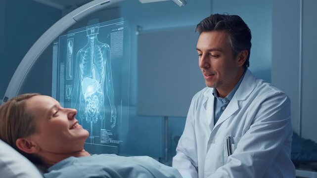 Hologram appearing, doc in coat pointing at overlay, explaining organs in hospital room, copy space