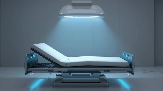 Adjusting motorized bed lowering and raising head in clinic at sequence start with blue dome lamp