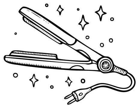Sparkling Hair Straightener Flat Iron Doodle Illustration Black and White Line Art