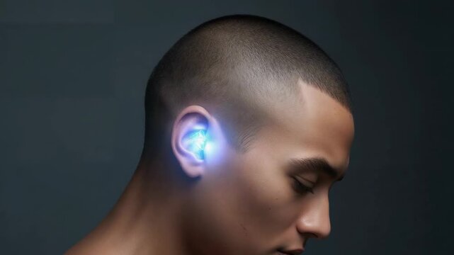 Pulsing blue ear implant causing bare-shouldered man holding profile in studio for demo, copy space