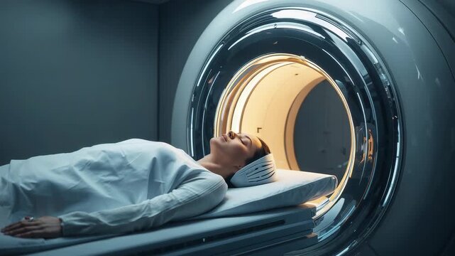 Lights activating, motor table carrying woman into clinic scanner for scan, with head coil and gown