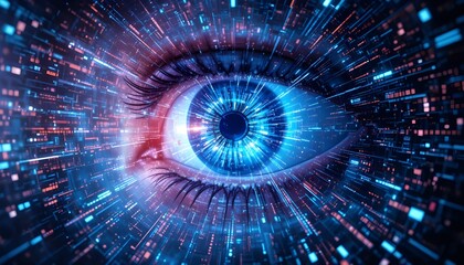 Vibrant blue eye with futuristic digital elements and glowing lines