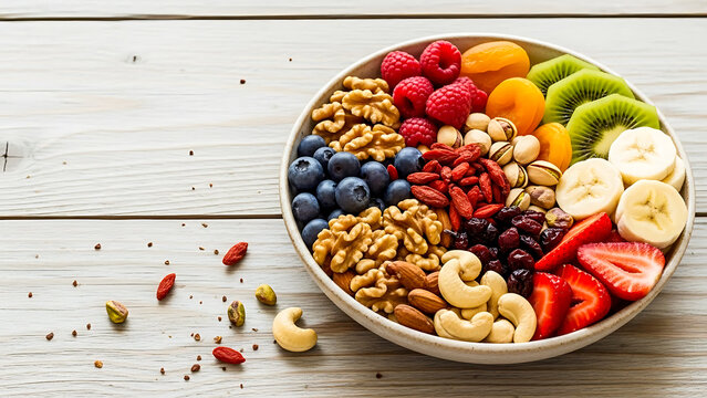 Top view of a healthy fruit and nut snack bowl.