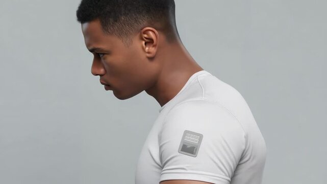 Looking at left arm, male in gray athletic shirt adjusting and checking adhesive patch in studio