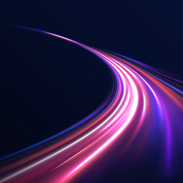 Neon light paths sweep across a deep blue space. The composition expresses acceleration, digital flow, and modern technology themes.