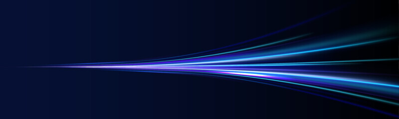 High-speed neon light trails curve across a dark futuristic background. Motion blur adds depth, energy, and a sense of advanced technology. © Vitalii