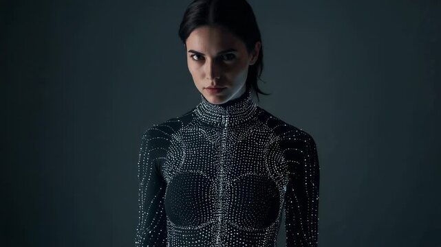 Lifting head after pause female model raising gaze facing lens in studio, high-neck dotted bodysuit