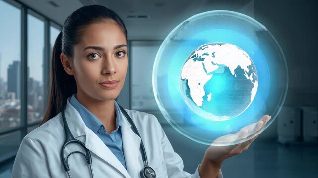 Raising hand doctor in labcoat with stethoscope projecting holo globe studying rotation in clinic