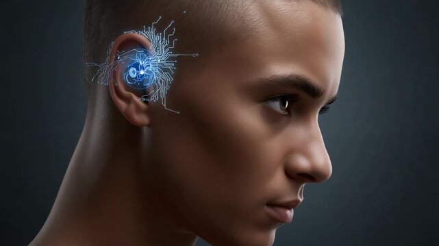 Receiving signal, male subject activating ear-mounted interface in dark studio, with circuitry