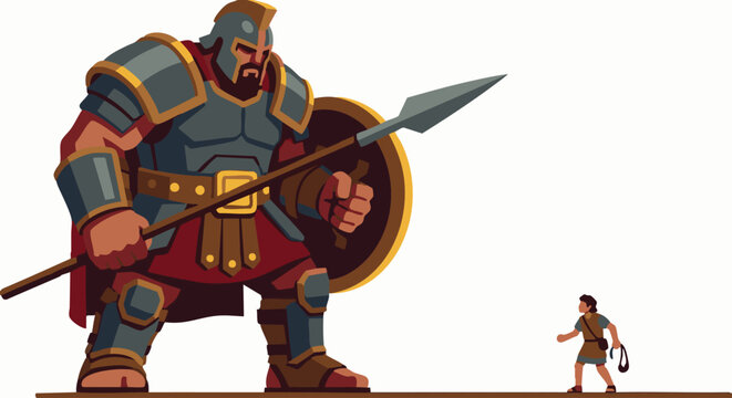 Flat vector scene showing the towering figure of Goliath in heavy armor, facing young David, small in scale with a simple sling. Bible story