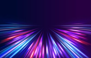 Obraz premium Colorful neon speed lines stretch into the distance. The futuristic background suggests innovation, motion, and digital acceleration.