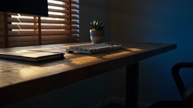 Workplace setup with keyboard and plant on wooden desk, natural light, footage video