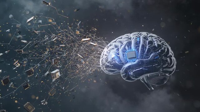 Traces forming, stylized brain receiving drifting chips in nebula, integrating into CPU, copy space