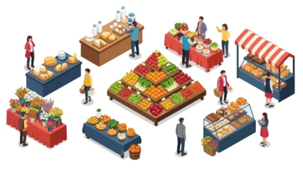Gardinen Bauernhof Isometric farmers market scene with shoppers and vendors selling produce and baked goods.  © Hana
