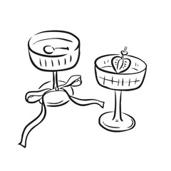 Hand drawn martini cocktails with ribbon, sketch martini glass