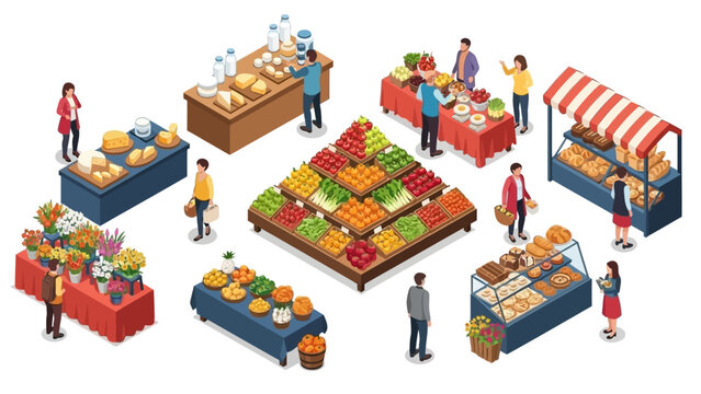 Isometric farmers market scene with shoppers and vendors selling produce and baked goods.