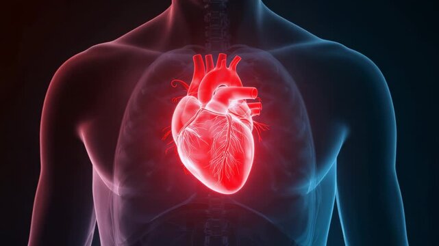 Animating 3D heart model starting color shift and pulsing in frontal chest render, showing vessels