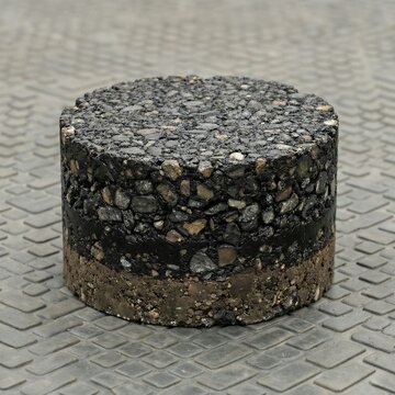 Cylindrical asphalt core sample showing aggregate layers for road construction material testing