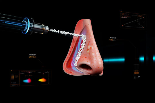Nasal polyps treatment visualization 3 D rendering of nasal cavity treatment with tiny particles