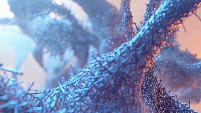 Panning camera revealing branching tubular mesh at macro studio set to highlight needle-like spines