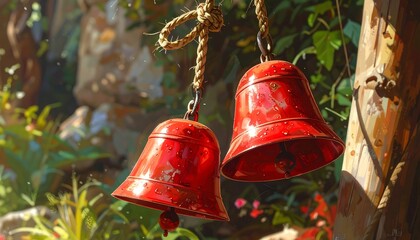 Two Red Bells Hanging in a Garden Setting.