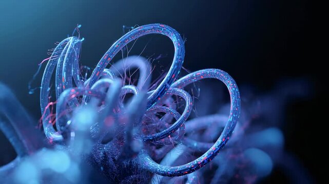 Waving loops and rings turning in macro, camera shifting focus, pulsing threads and glowing nodes