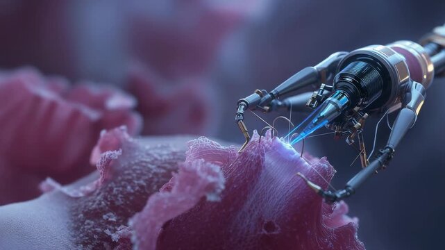 Emitter activating arm advancing in lab grasping nodule emitting beam reshaping fibers with forceps