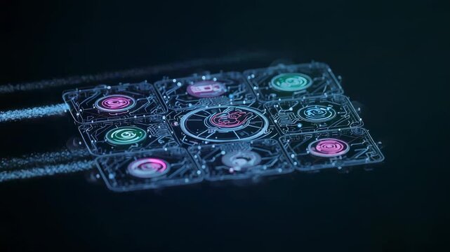 Pulsing holographic 3x3 grid responding to passing data streams in dark void, with central emblem