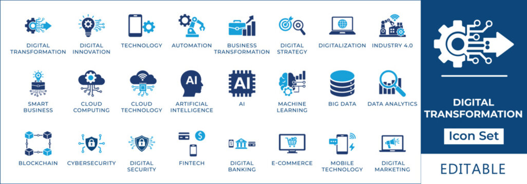 Digital transformation and innovation icon set featuring automation, industry 4.0, AI, cloud technology, blockchain, big data analytics, and smart business evolution symbols.