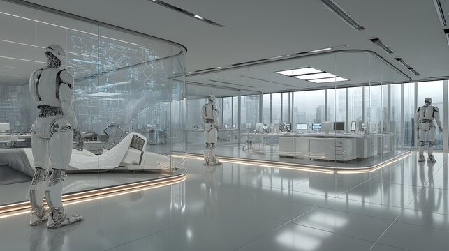 Sterile AI-managed office with humanoid robots and holographic data interfaces