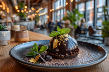 Gourmet chocolate mousse dome with gold leaf and mint in sunny upscale restaurant